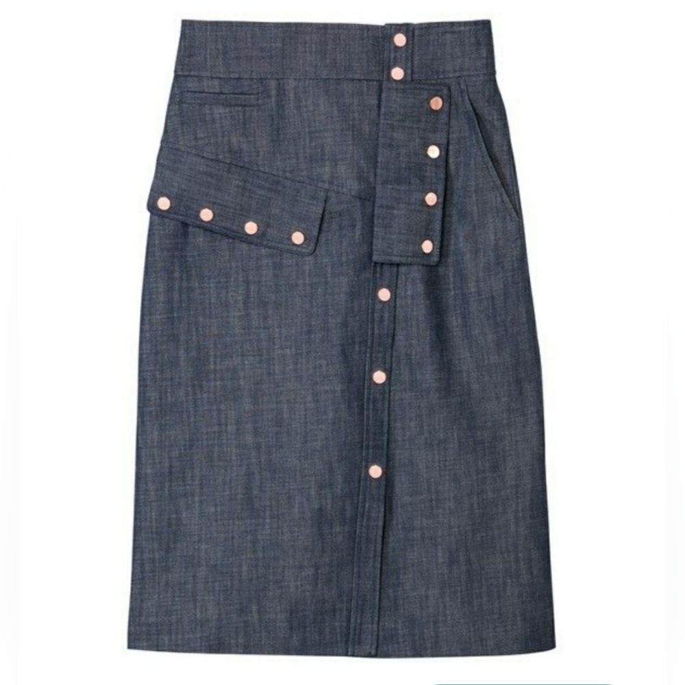 NWT Tibi Raw Denim Snap Skirt tibi skirt midi skirt dark wash size 6
